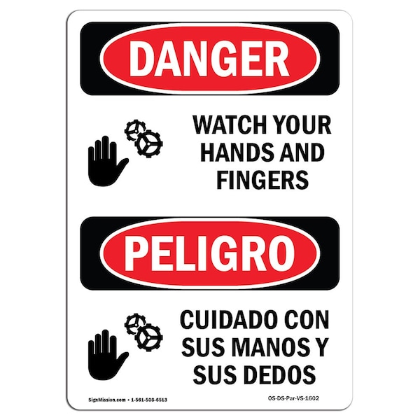 OSHA Sign, Watch Your Hands & Fingers Bilingual, 5in X 3.5in, 10PK, 3.5" W, 5" L, Spanish, PK10